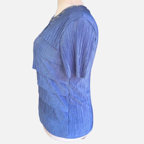 Alfred Dunner Moonlight Blue Tiered Plissé Embellished Gems Bejeweled Top (SZ M) - Picture 3 of 11